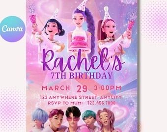 Kpop Demon Hunters Birthday Invitation Editable Canva Template, Girl Birthday Invite, Idol Theme Party Invitation, Instant Download