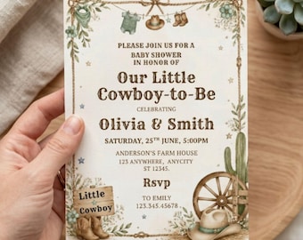 Invito per baby shower a tema cowboy, modello per baby shower per maschietto, invito rustico western misto (download digitale)