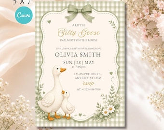Baby Shower a tema Oca Sciocca, Invito neutro per Baby Shower a tema Oca per la mamma e il bambino, Piccola Oca Sciocca in Libertà, Modello Canva a Download Immediato