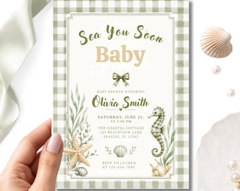 Invito per baby shower "Ci vediamo presto", a tema costiero con quadretti verde salvia (download digitale)