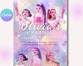 K-pop Birthday Invitation, K-pop Demon Hunters Birthday Invitation,  Editable Canva Template, Huntrix Invite, Digital Download
