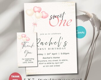 Editable First Birthday Invitation, 1st Birthday Girl Pink Balloon Digital Invite, Printable Canva Template (Instant Download)
