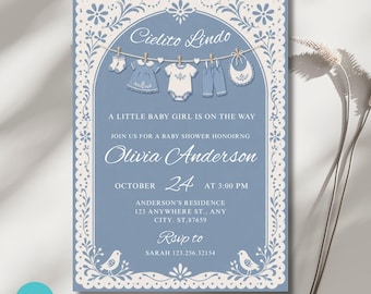 Invito per baby shower Cielito Lindo, invito modificabile per baby shower per bambina messicana blu, modello Papel Picado Blue su Canva, download immediato