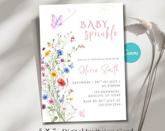 Wildflower Baby Shower Invitation, Baby Sprinkle Invite, Baby in Bloom Digital Invite, Printable Canva Template (Instant Download)