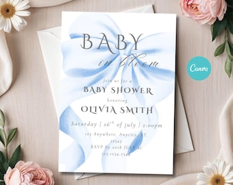 Baby in Bloom Baby Shower Invitation, Baby Sprinkle Invite, Blue Bow Baby Shower Digital Invite, Printable Canva Template (Instant Download)