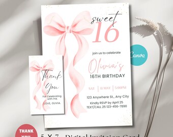 Editable Sweet Sixteen Birthday Invitation Template, Pink Bow 16th Birthday Digital Invite, Printable Canva (Instant Download)