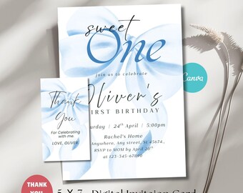 Editable First Birthday Invitation Template, Blue Bow 1st Birthday Boy Digital Invite, Printable Canva (Instant Download)