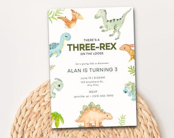 Modello di invito per il compleanno di Three Rex, invito per la festa del terzo compleanno dei dinosauri, invito modificabile per ragazzi con dinosauri su Canva, festa dei Three Rex