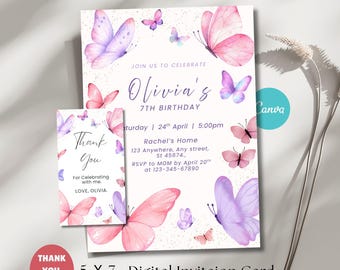 Editable Butterfly Birthday Invitation, Girls Party Digital Invite, Purple Pink Butterfly, Digital Download, Canva Template