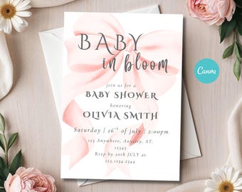 baby in bloom baby shower invitation, baby sprinkle invite, Pink Bow Baby Shower Digital Invite, Printable Canva Template (Instant Download)