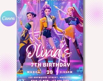 Kpop Birthday Invitation, Kpop Demon Hunters Birthday Invite, Printable Huntrix Canva Template (Digital Download)
