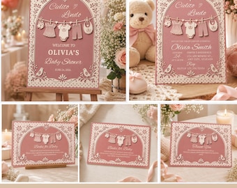 Pacchetto digitale di inviti per baby shower Cielito Lindo color rosa antico con cartello di benvenuto, libri di inviti per la lotteria dei pannolini, download immediato.