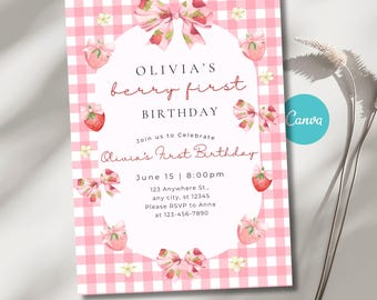 Strawberry First Birthday Invitation Template, Berry First Birthday Invite, Strawberry Girl Party, Editable Canva Invite, Pink Gingham