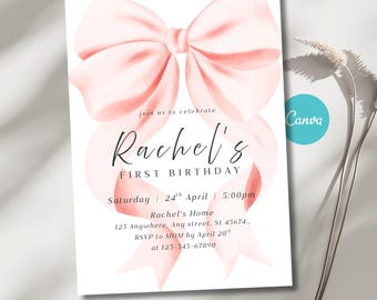 Editable Pink Bow First Birthday Invitation, Coquette 1st Birthday Girl Digital Invite, Printable Canva Template (Instant Download)
