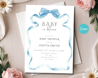 Baby in Bloom Invitation, Baby Sprinkle Invite, Blue Bow Baby Shower Digital Invite, Printable Canva Template (Instant Download)