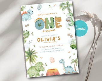 Dinosaur 1st Birthday Invitation Template, One-A-Saurus Dinosaur 1st Birthday Party Invite, Editable Canva Digital Download