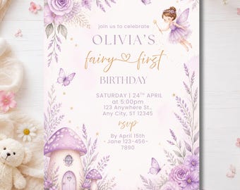 Invito per il primo compleanno a tema fata viola, invito per il primo compleanno a tema giardino incantato, modello per festa di compleanno per bambina, modificabile