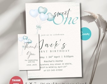 Editable 1st birthday boy invitation template, Blue Balloon Boys Party Invite, First Birthday Digital invite, Printable, Canva Template