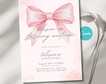 Pink Bow 16th Birthday Invitation, Editable Sweet Sixteen Birthday Invitation Template, Printable Digital Canva Invite (Instant Download)