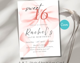Editable Sweet 16 Birthday Invitation Template, Pink Bow Digital Invite, Printable Canva (Instant Download)