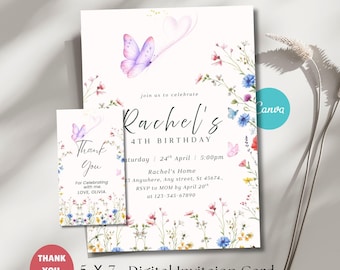 Editable Wildflower Birthday Invitation, Floral Invite, 4th Birthday invite, Printable Canva(Instant Download)