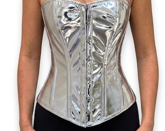 Women's Overbust Waist Trainer Fancy Corset | Heavy Duty Steel Boned Silver PVC Corset