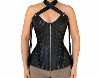 Women's Overbust Waist Trainer Costume Corset Heavy Duty Steel Boned Black Leather Zipper Corset