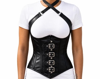 Dames onderborst korset met steampunk-gesp leren korset met stalen baleinen