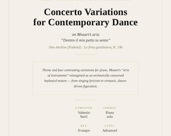 Concertvariaties voor hedendaagse dans – Pianomuziek voor solo piano op Mozarts aria, gevorderd niveau (pdf) – gecomponeerd door Valentin Sarić