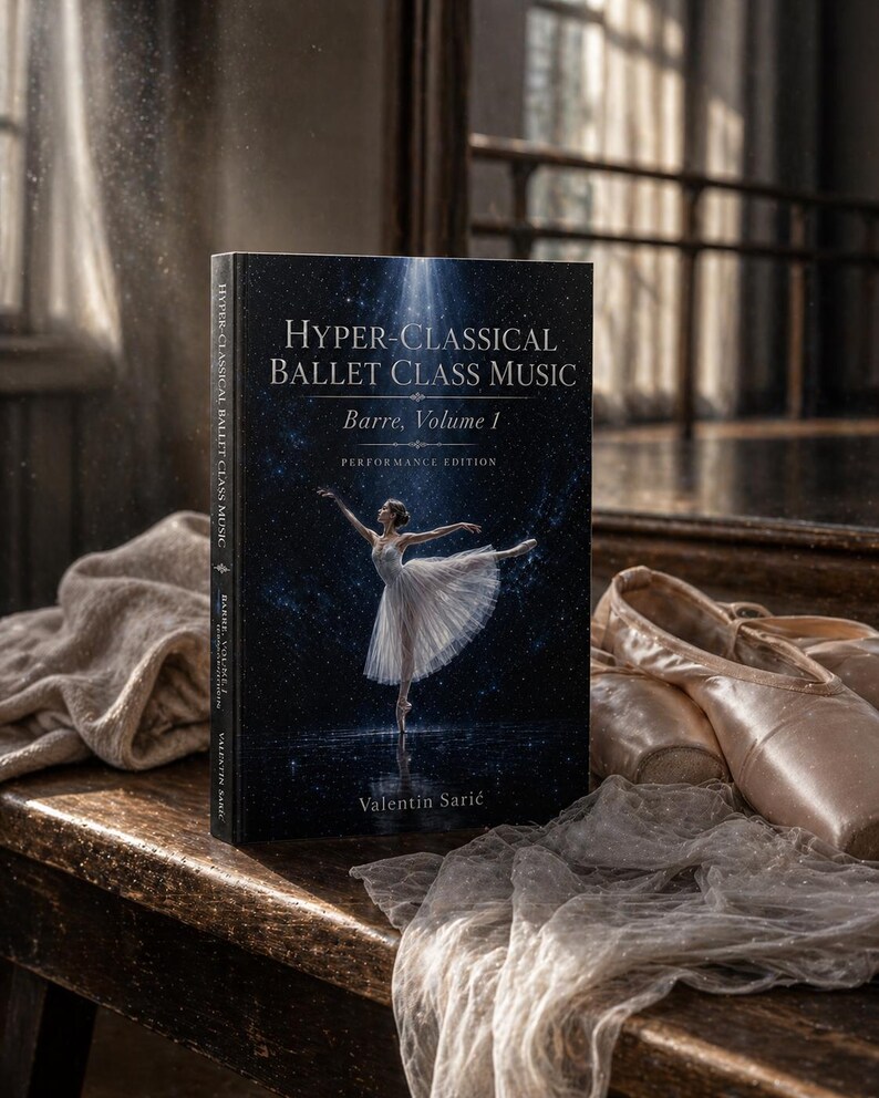 Peut inclure: Deux livres intitul&eacute;s "Hyper-Classical Ballet Class Music, Barre, Volume 1" avec une ballerine sur la couverture, pos&eacute;s sur une surface en bois. Des chaussons de ballet et un tissu transparent sont &eacute;galement pr&eacute;sents. La couverture du livre pr&eacute;sente une ballerine en tutu blanc.