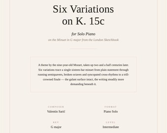 Zes variaties op Mozarts Menuet K. 15c – Pianopartituur van Valentin Sarić (PDF)