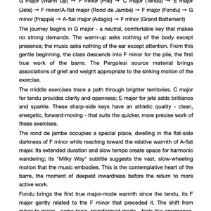 Peut inclure: Un document imprim&eacute; avec du texte noir sur fond blanc. Le contenu pr&eacute;sente une s&eacute;quence de tonalit&eacute;s musicales pour des exercices de ballet, incluant G major, F minor, C major, E major, A-flat major, F major et G minor, avec un texte descriptif.