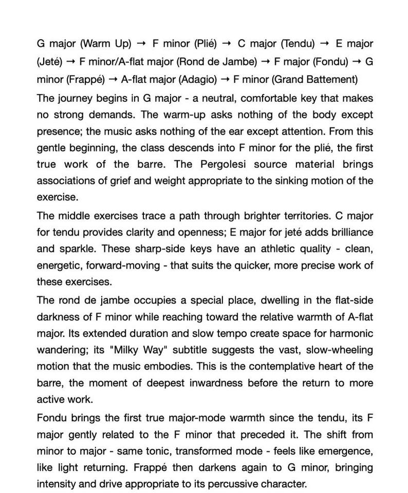 Peut inclure: Un document imprim&eacute; avec du texte noir sur fond blanc. Le contenu pr&eacute;sente une s&eacute;quence de tonalit&eacute;s musicales pour des exercices de ballet, incluant G major, F minor, C major, E major, A-flat major, F major et G minor, avec un texte descriptif.