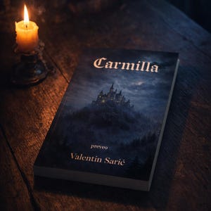 Peut inclure: Un livre intitulé "Carmilla" avec une couverture sombre représentant un château sur une colline, avec le nom de l'auteur "Valentin Sarić" en dessous. Une bougie allumée dans un support est à gauche sur une surface en bois.