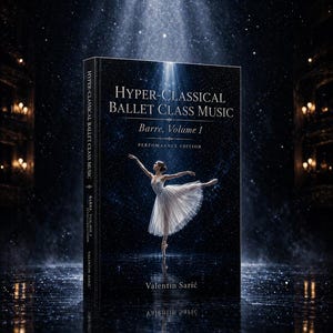 Peut inclure: Couverture du livre "Hyper-Classical Ballet Class Music, Barre, Volume 1" avec une ballerine en tutu blanc. Le titre et le nom de l'auteur, Valentin Sarić, sont mis en &eacute;vidence sur un fond sombre avec un effet de projecteur.