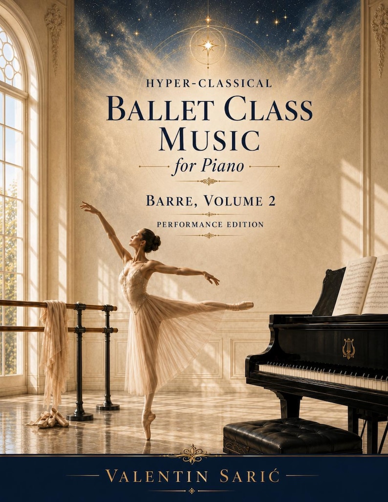 Peut inclure: Une couverture de livre intitul&eacute;e Hyper-Classical Ballet Class Music for Piano, Barre, Volume 2, Performance Edition par Valentin Sarić. Elle montre un danseur en tutu beige &agrave; une barre, un piano &agrave; queue noir et un ciel &eacute;toil&eacute; en arri&egrave;re-plan.