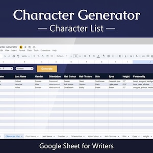 Puede incluir: Una pantalla de ordenador muestra una hoja de cálculo de Google titulada "Character Generator - Character List". La hoja de cálculo incluye columnas para nombre, apellido, género, color de pelo, piel, ojos, altura y personalidad. El texto "Google Sheet for Writers" está en la parte inferior.