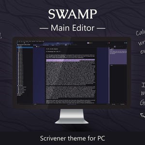 Puede incluir: Un monitor de ordenador muestra el tema "SWAMP - Main Editor" para Scrivener. El fondo oscuro y el texto claro crean un entorno de escritura relajante. Inspirado en Magic: the Gathering.