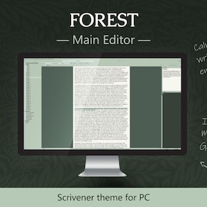 以下が含まれることがあります： PC用のScrivenerテーマ「FOREST」を表示するコンピューターモニター。画面は、落ち着いた執筆環境を促進する、暗いテキストの明るい背景を表示します。Magic: the Gatheringにインスパイアされています。
