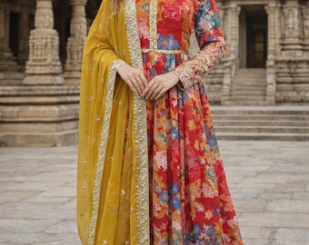 Silk Embroidery and printed Anarkali Kurta Set with Palazzo & Dupatta | Ethnic Motif Printed Suit | Elegant Indian Outfit for Women
