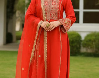 Silk Kurta Set with Palazzo & Dupatta | Ethnic Gold embroidery Anarkali silk Suit | Elegant Indian festive Outfit for Women / wedding outfit