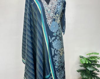Salwar Kameez en soie | Ensemble kurta festif bleu imprimé Dupatta | Costume indien traditionnel | Tenue indienne d'invité pour fête et mariage 4xl 3xl