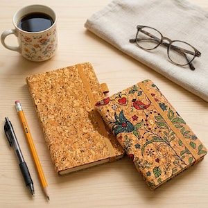 May include: Two cork notebooks with elastic closures, one with a floral design. A cup of coffee, a pen, a pencil, and eyeglasses rest on a light wood surface. The notebooks are tan and have a natural texture.