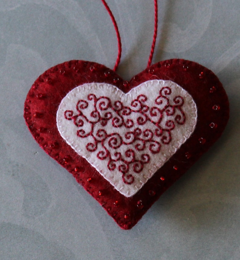 Embroidered and beaded red felt heart decoration Etsy