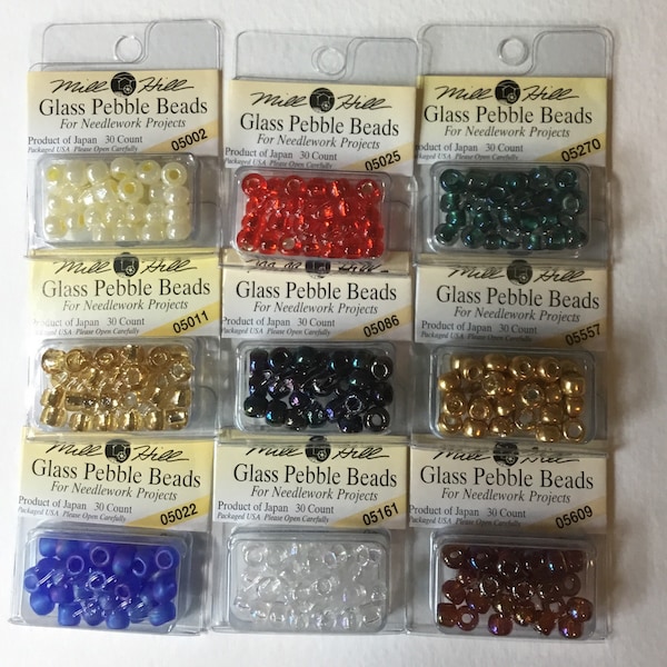 Mill hill glass pebble beads, Size 3/0 (5.5mm) 5002, 5011, 5022, 5025, 5065, 5086, 5161, 5270, 5557, 5609