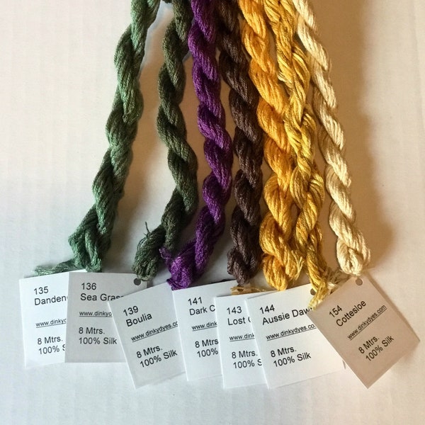 Hand dyed silk floss by Dinky Dyes 134-154