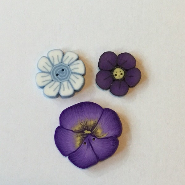 Flower Buttons, small blue and white Daisy, small violet wild flower or large purple pansy polymer clay button-  Just Another Button Company