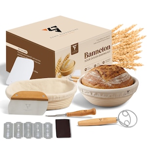 May include: A Banneton sourdough baking kit, including a proofing basket with linen liner, dough scraper, lame with blades, and a dough whisk. The kit is packaged in a box with the text "Banneton Sour Dough Baking Kit".