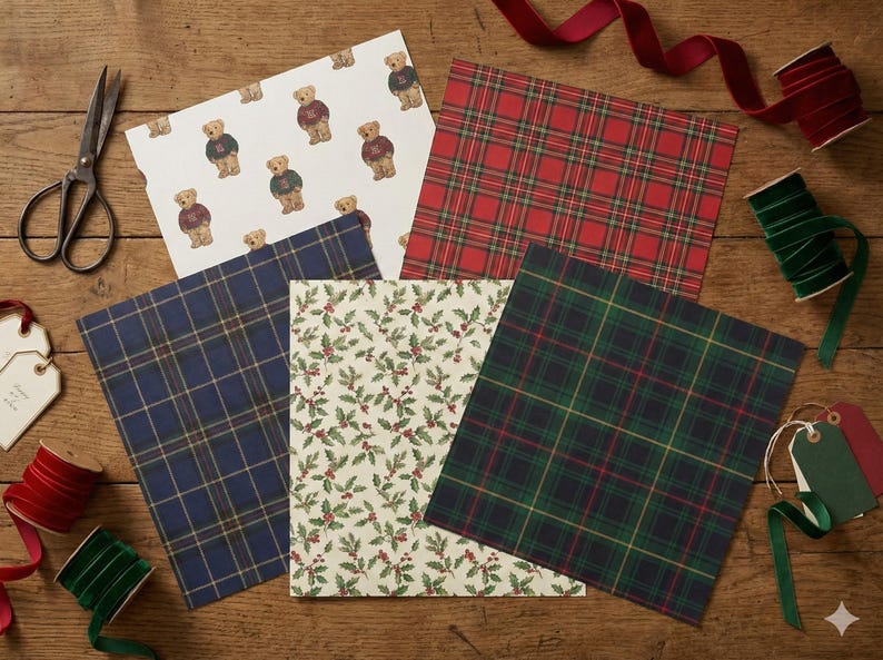 Pu&ograve; includere: Un assortimento di carta da regalo fantasia, con orsetti, motivi scozzesi e decorazioni di agrifoglio, disposti su una superficie di legno. Sono presenti forbici, nastri ed etichette regalo.