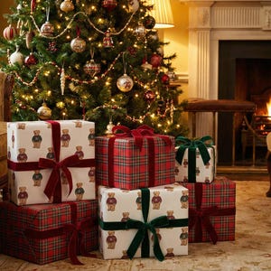 Pu&ograve; includere: Scena natalizia con un albero decorato e regali confezionati. I regali sono avvolti in carta fantasia con orsetti e plaid, legati con nastri di velluto rossi e verdi. Un camino con fuoco acceso sullo sfondo.